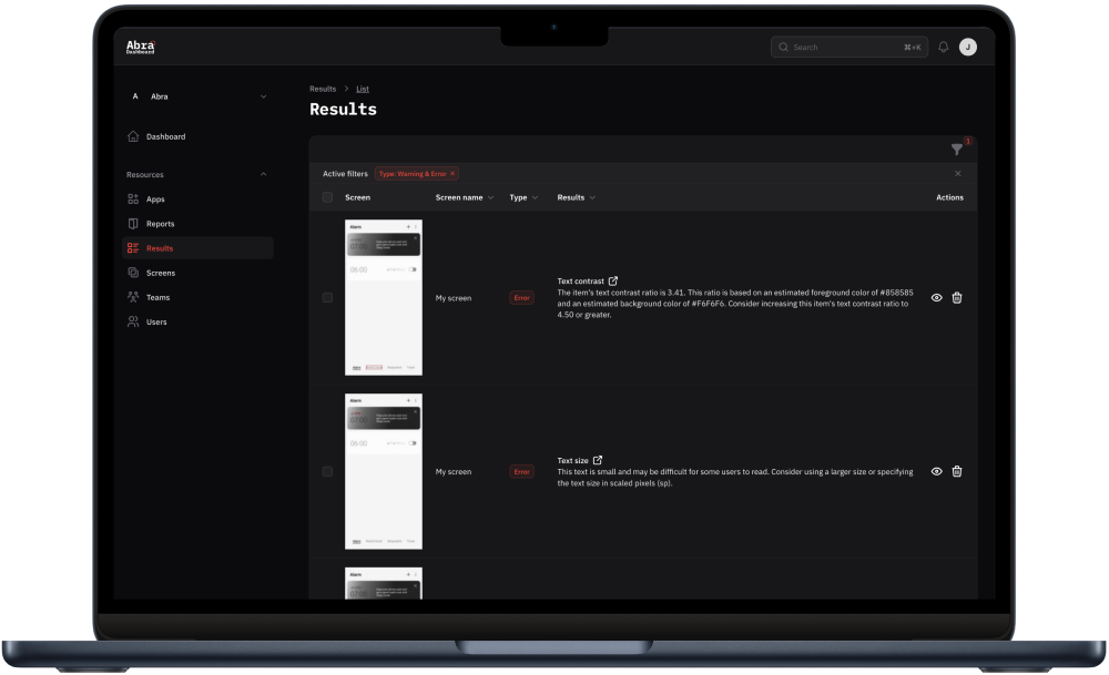 Abra Dashboard lists accessibility issues and shows app screenshots