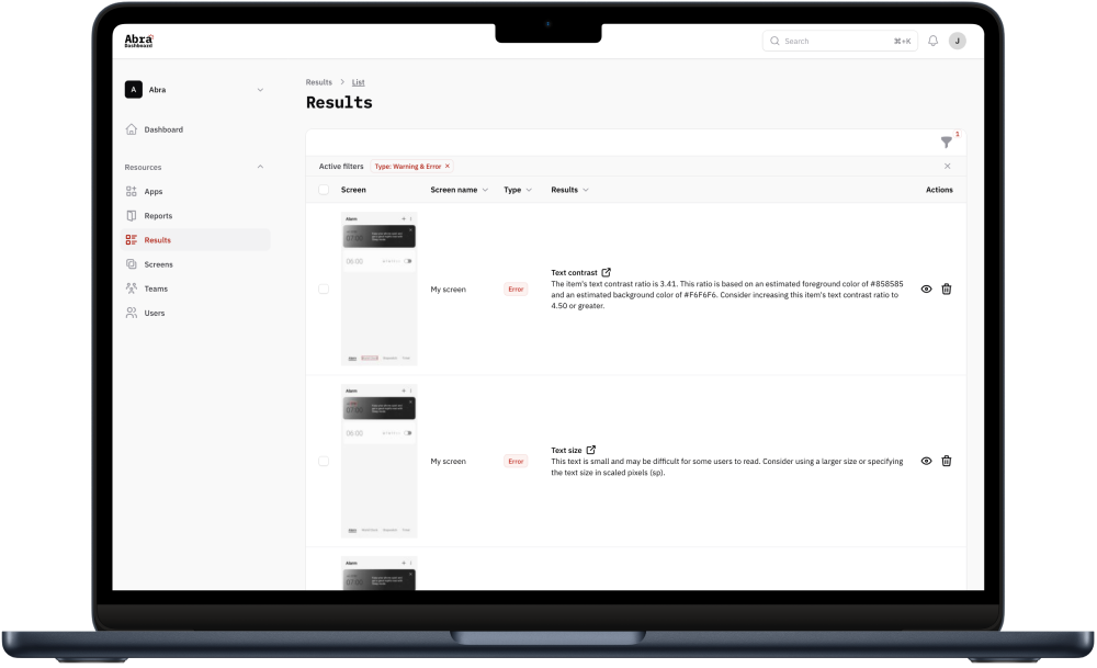 Abra Dashboard lists accessibility issues and shows app screenshots