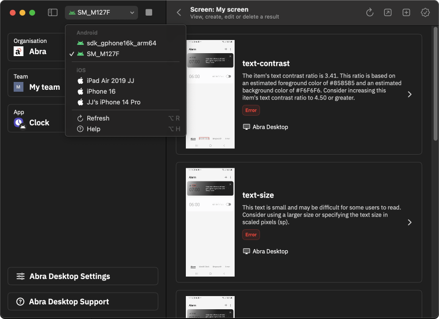 Interface of Abra Desktop, showing test results and a device dropdown