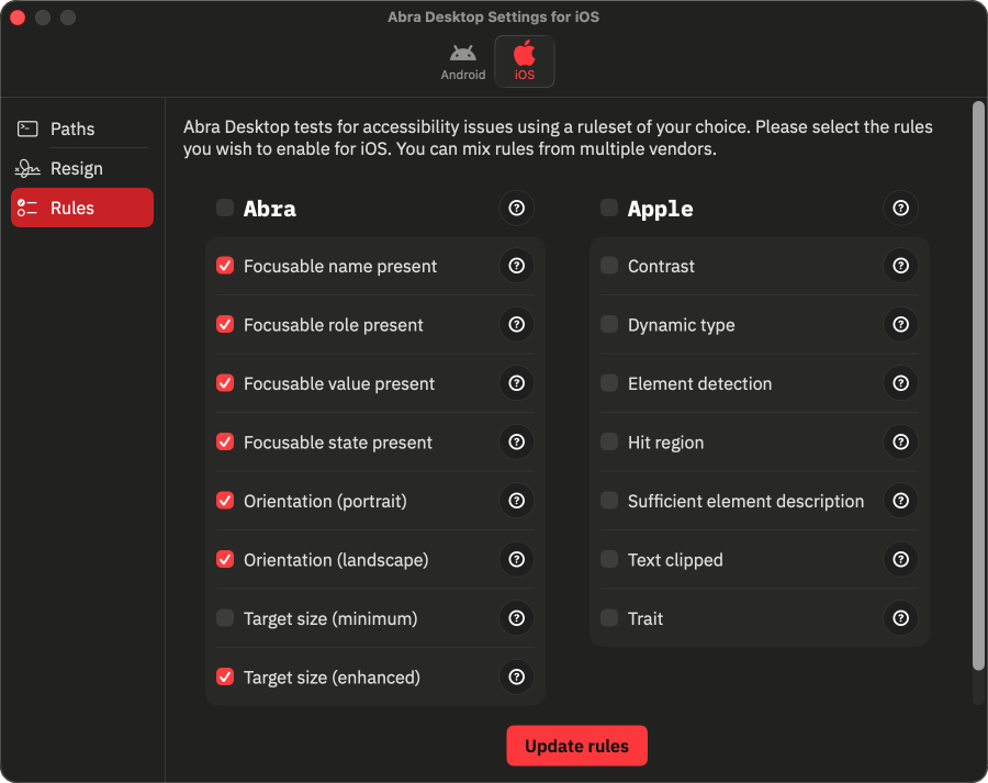 List of rules in Abra Desktop Settings