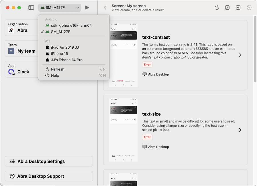 Interface of Abra Desktop, showing test results and a device dropdown