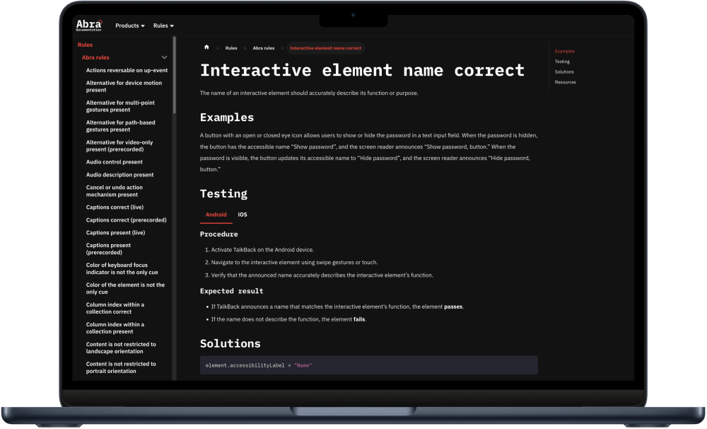 Overview of Abra Documentation, showing information about the interactive element name correct rule