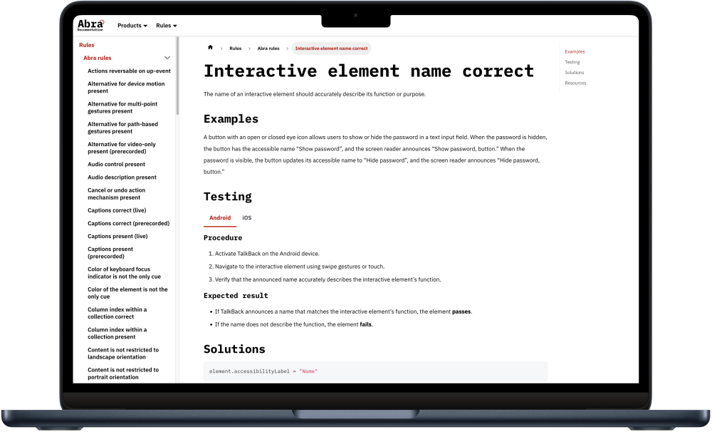 Overview of Abra Documentation, showing information about the interactive element name correct rule