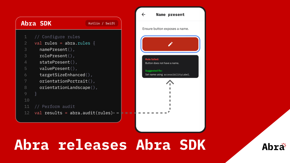 Abra SDK code snippet and test results are placed on a red background with the text "Abra releases Abra SDK" and the Abra logo