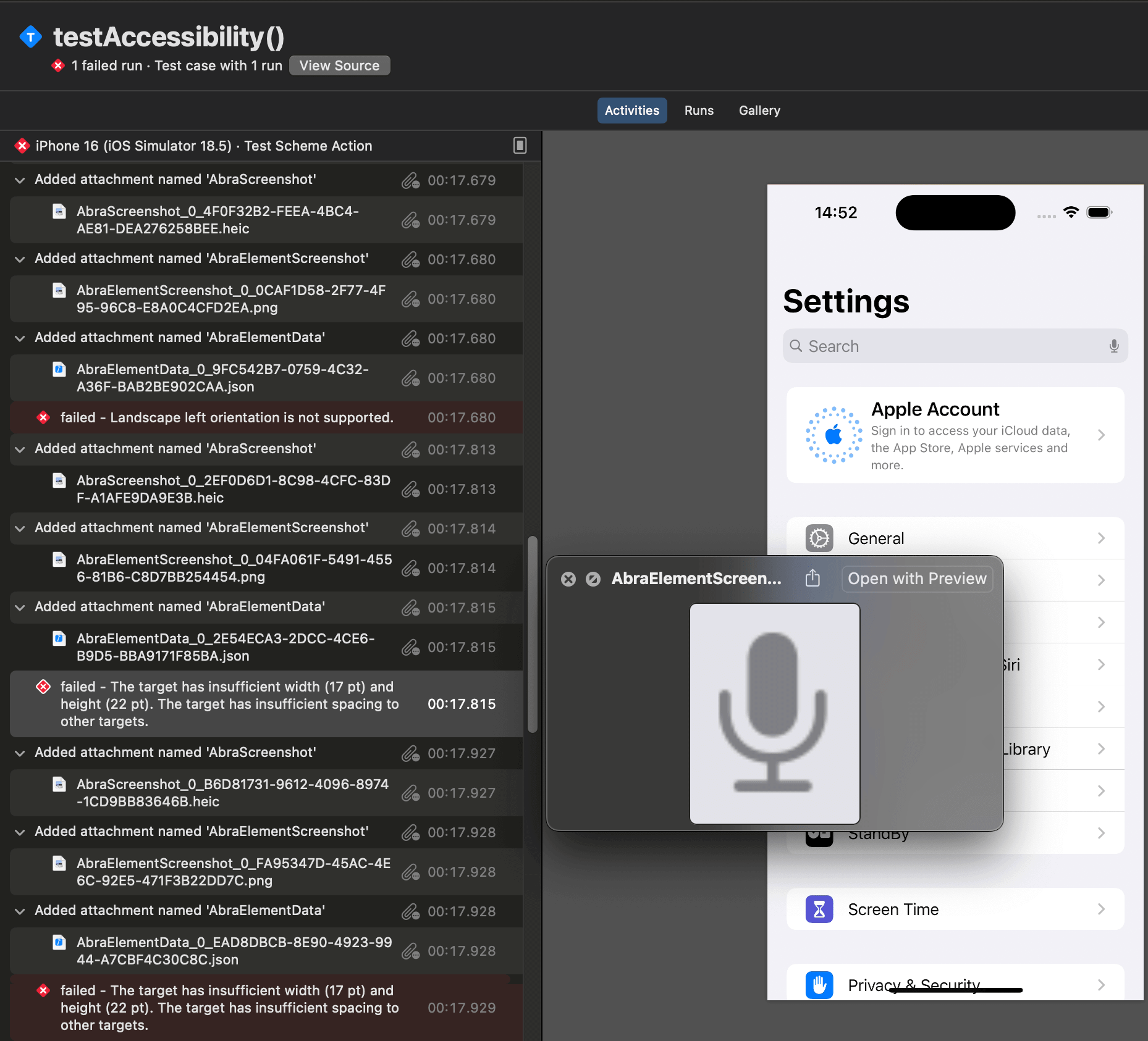 Xcode test panel shows a list of issues and screenshots captured by the Abra SDK
