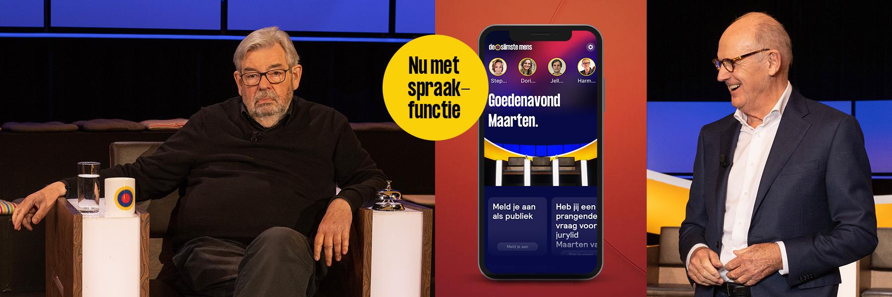 De presentatoren van De Slims Mens kijken naar de nieuwe spraakfunctie van de app