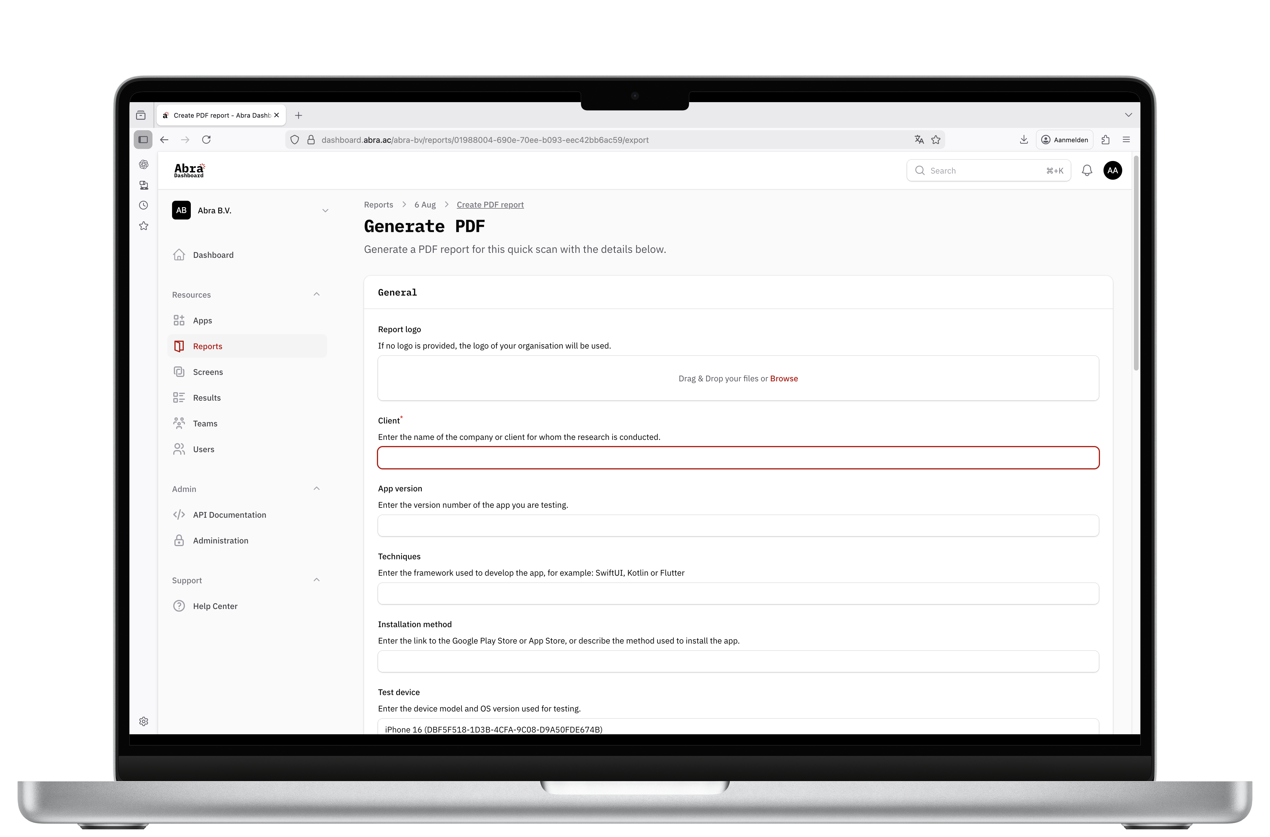 Screenshot of the Abra Dashboard showing the &ldquo;Generate PDF&rdquo; report screen. The page contains a form for creating an accessible PDF report, including fields for uploading a report logo, entering the client name, app version, development techniques, installation method, and test device details. The left navigation shows sections such as Dashboard, Apps, Reports, Screens, Results, Teams, and Users. The interface demonstrates how users can pre-fill project and testing information before generating a PDF accessibility report.