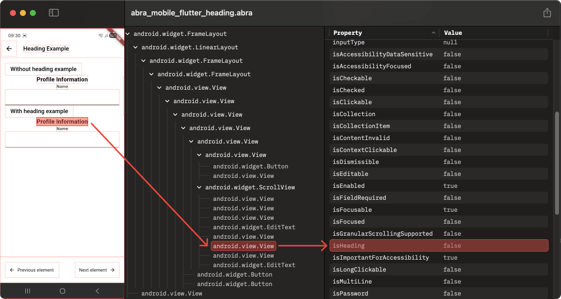 Abra Desktop snapshot showing that the isHeading property is not set in the accessibility tree on Android