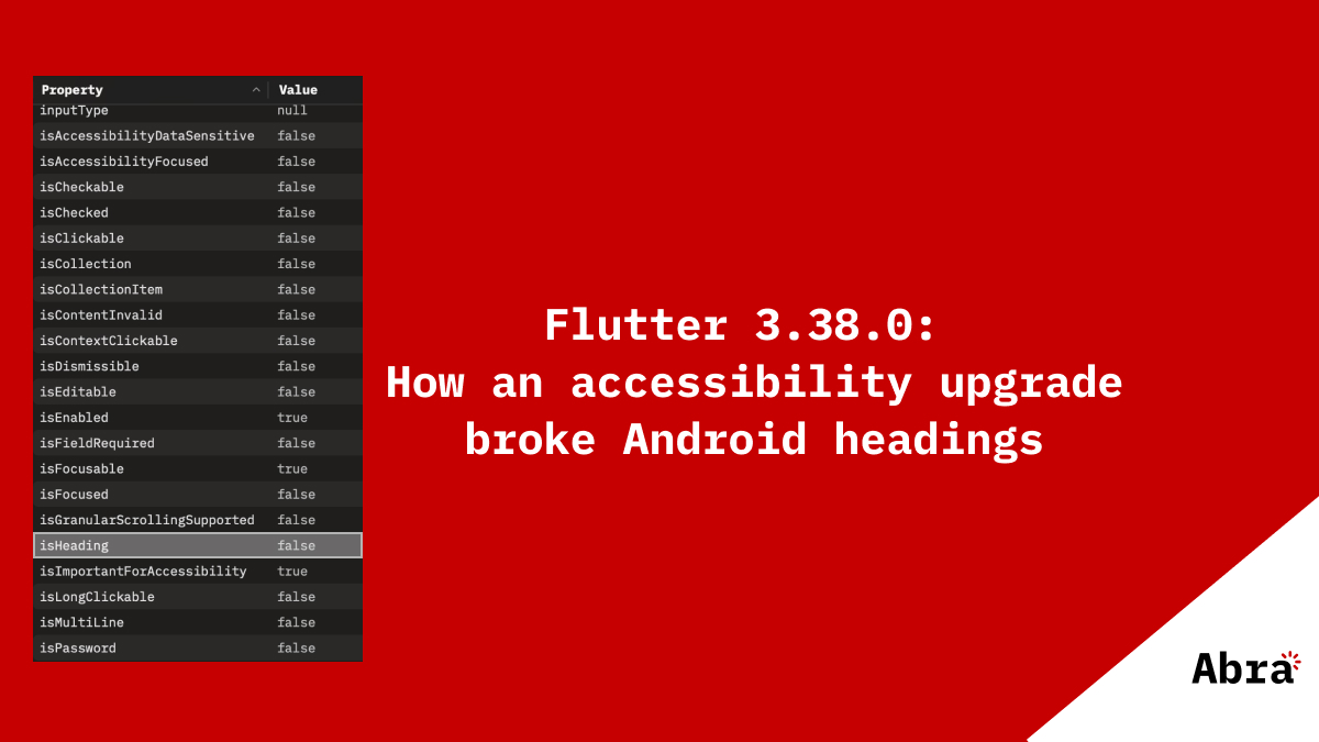 The isHeading = false property is highlighted in a list of properties, next to the text "Flutter 3.38.0: How an accessibility upgrade broke Android headings"; the Abra logo is placed in the bottom right corner.