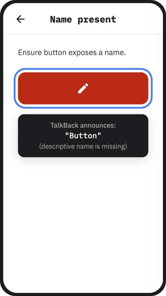 Screenshot of an Android app which displays an edit button, but the screen reader does not announce a name