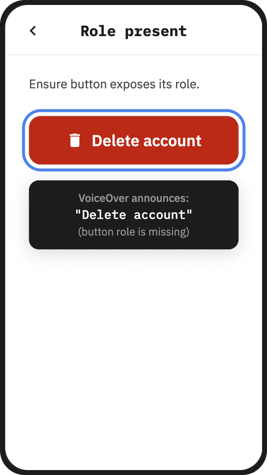 Screenshot of an iOS app which displays a delete account button, but the screen reader does not announce the button role