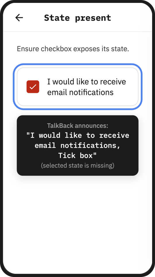 Screenshot of an Android app which displays a selected checkbox, but the screen reader does not announce the selected state