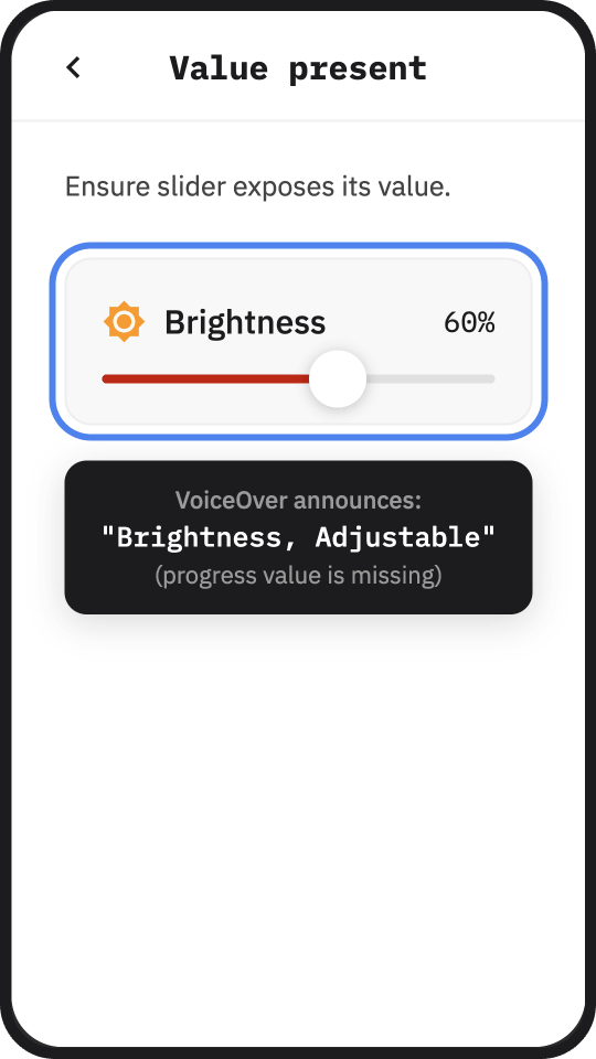 Screenshot of an iOS app which displays a slider set to 60%, but the screen reader does not announce the progress value