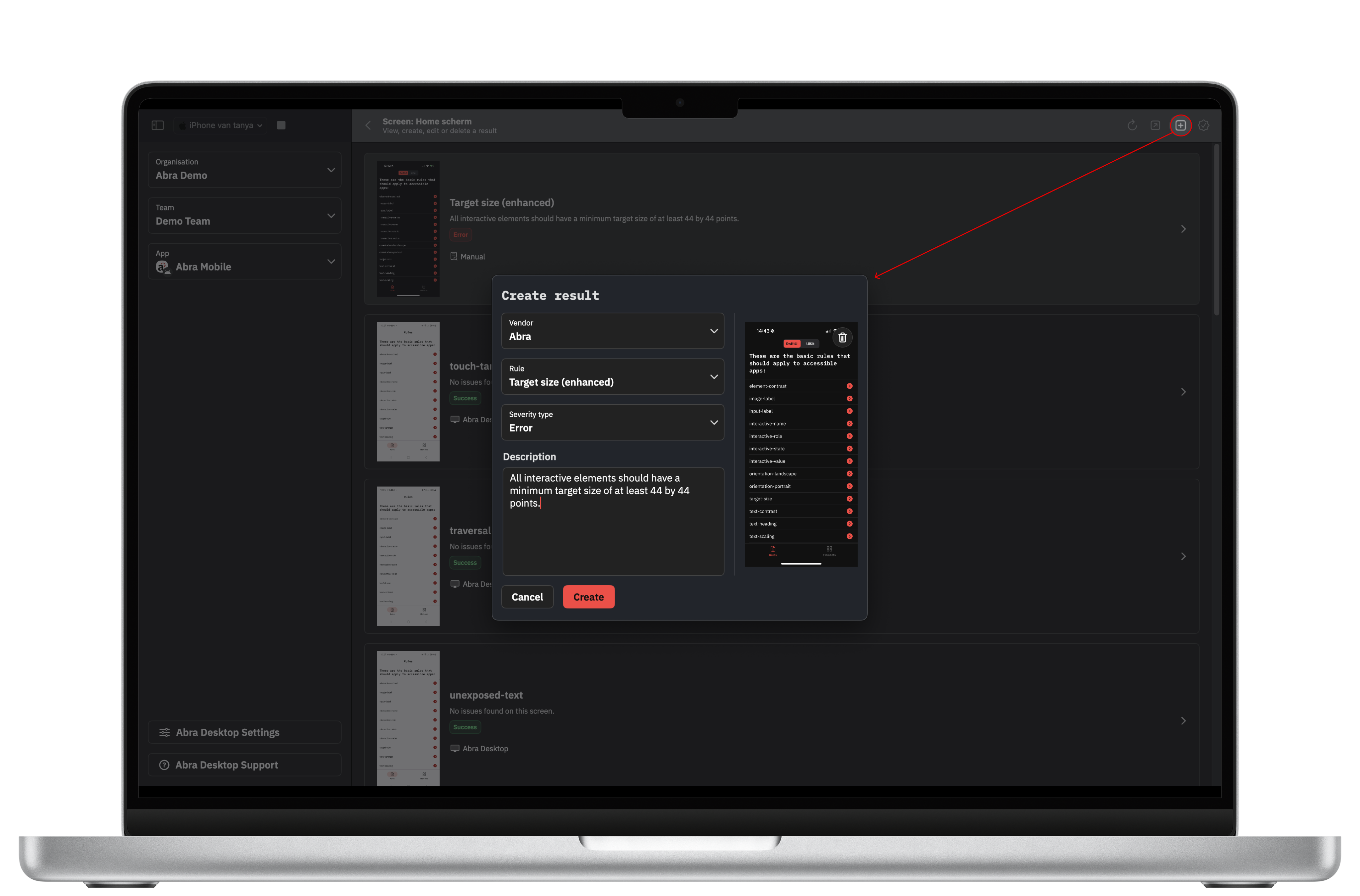 Abra Desktop, een handmatig resultaat toevoegen voor “Target Size (enhanced)”.
