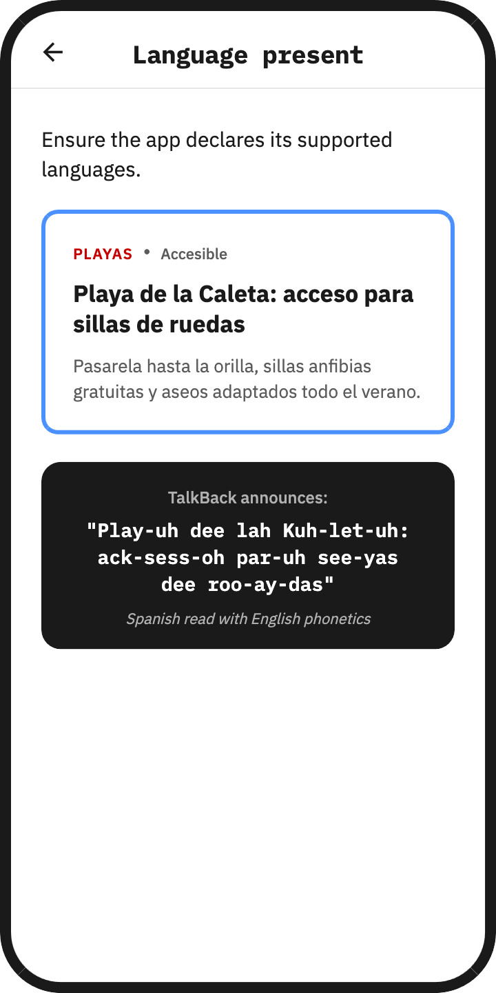 Screenshot of Android displaying TalkBack pronounciation using English phonetics for Spanish content