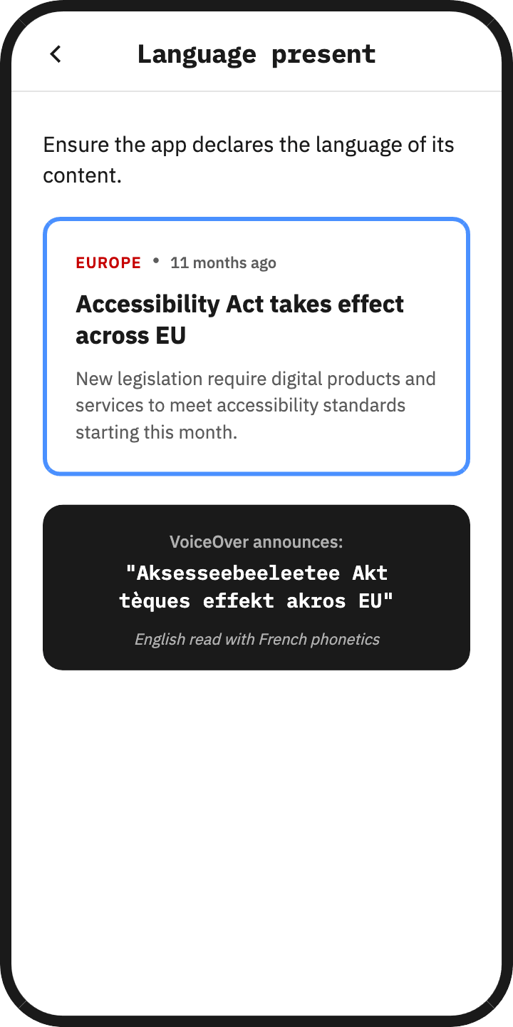 Screenshot of iOS displaying VoiceOver pronounciation using French phonetics for English content
