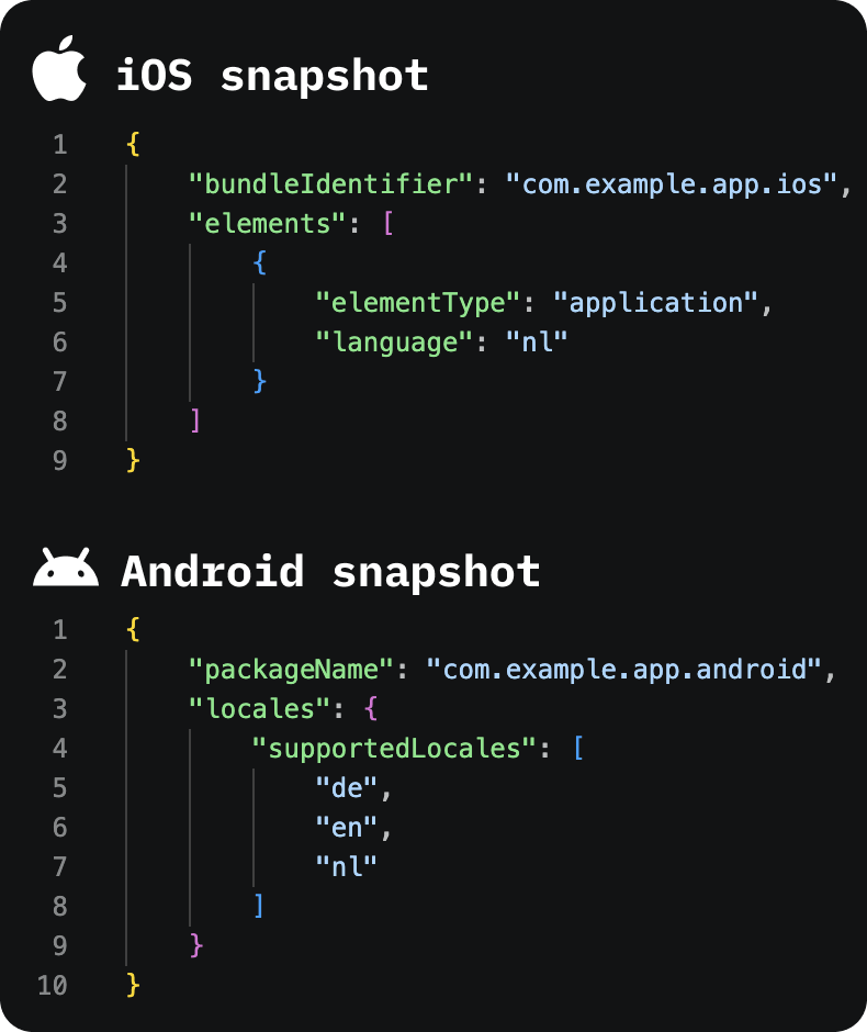 Textual representation of an Android and iOS snapshot showing language attributes