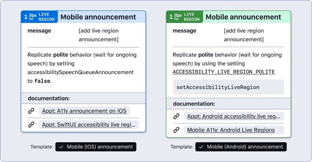 Two details annotations: The first is a blue iOS live region mobile announcement with a note number of 1. The annotation contains multiple fields, including message, trait (updatesFrequently), and documentation links. The second is a green Android live region mobile announcement with a note number of 1. The annotation contains multiple fields, including message, and documentation links. Both details panels have been set to polite.