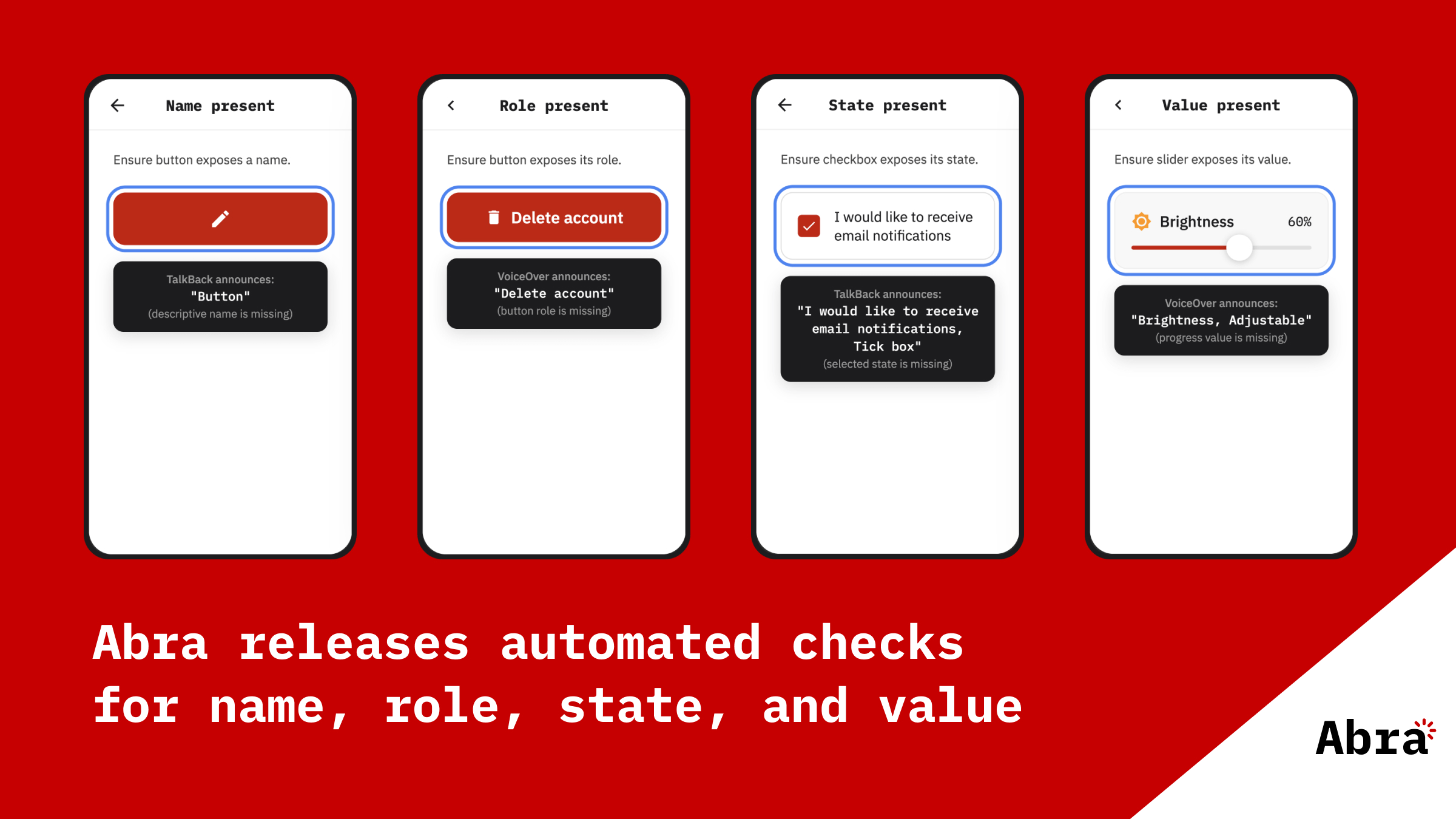 Four mobile screens showing Abra's automated accessibility checks for name, role, state, and value. Each screen demonstrates a failing example: a button without a descriptive name (TalkBack announces just "Button"), a Delete account button missing its button role (VoiceOver announces only "Delete account"), a checked checkbox missing its selected state (TalkBack announces "Tick box" without saying "selected"), and a brightness slider at 60% missing its progress value (VoiceOver announces "Brightness, Adjustable" without the percentage). Below the screens, white text on a red background reads "Abra releases automated checks for name, role, state, and value" with the Abra logo.