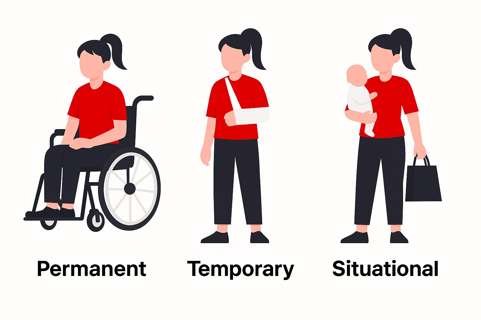 Flat-style illustration on a white background showing three variations of the same person in Abra’s red and black style. On the left: a person using a wheelchair representing permanent disability. In the middle: the same person with one arm in a sling representing temporary disability. On the right: the same person holding a baby in one arm representing situational disability. Each figure is labeled with the text ‘Permanent’, ‘Temporary’, and ‘Situational’.