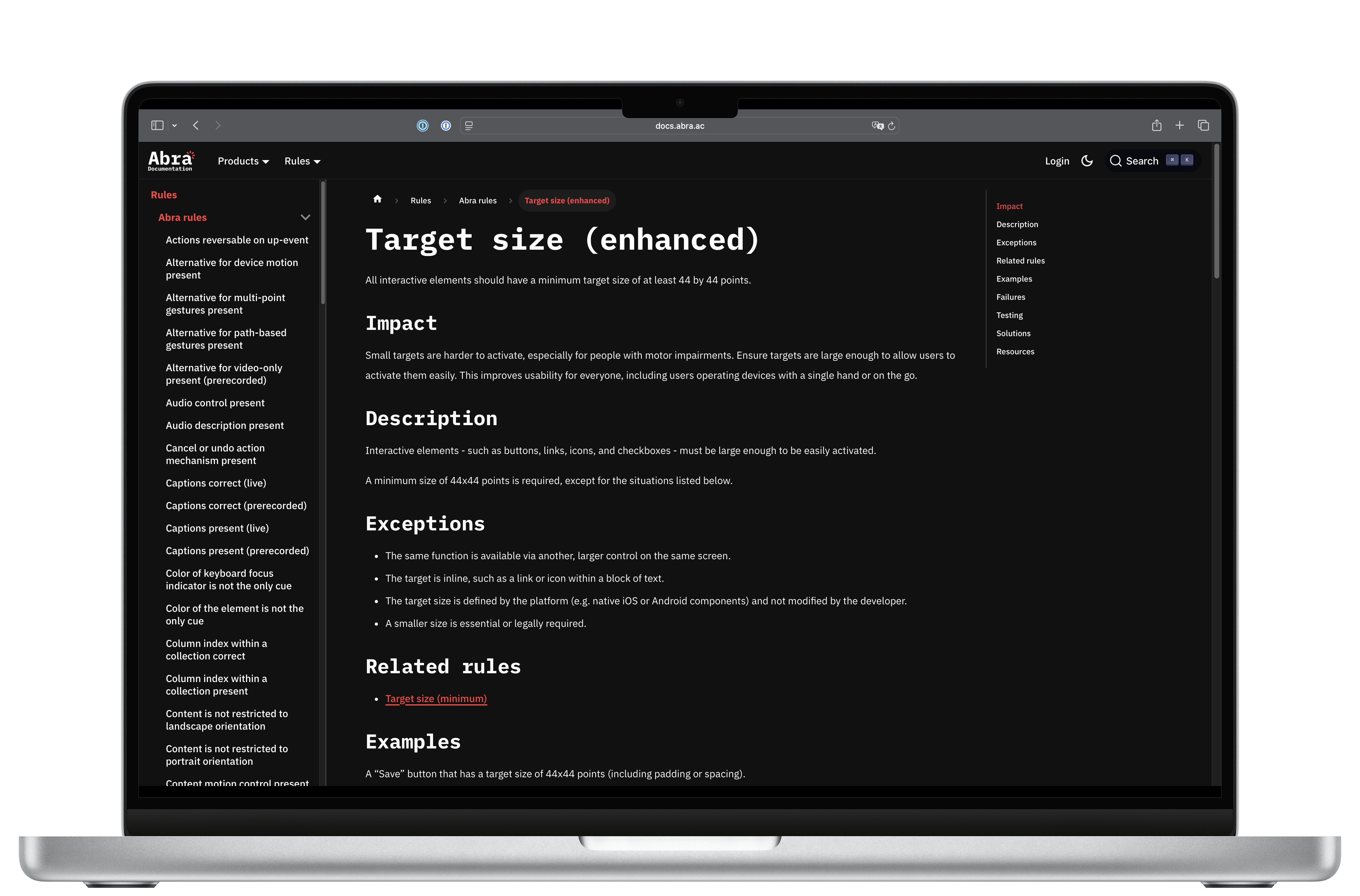 Abra Documentatiepagina met de regel “Target Size (enhanced)”.