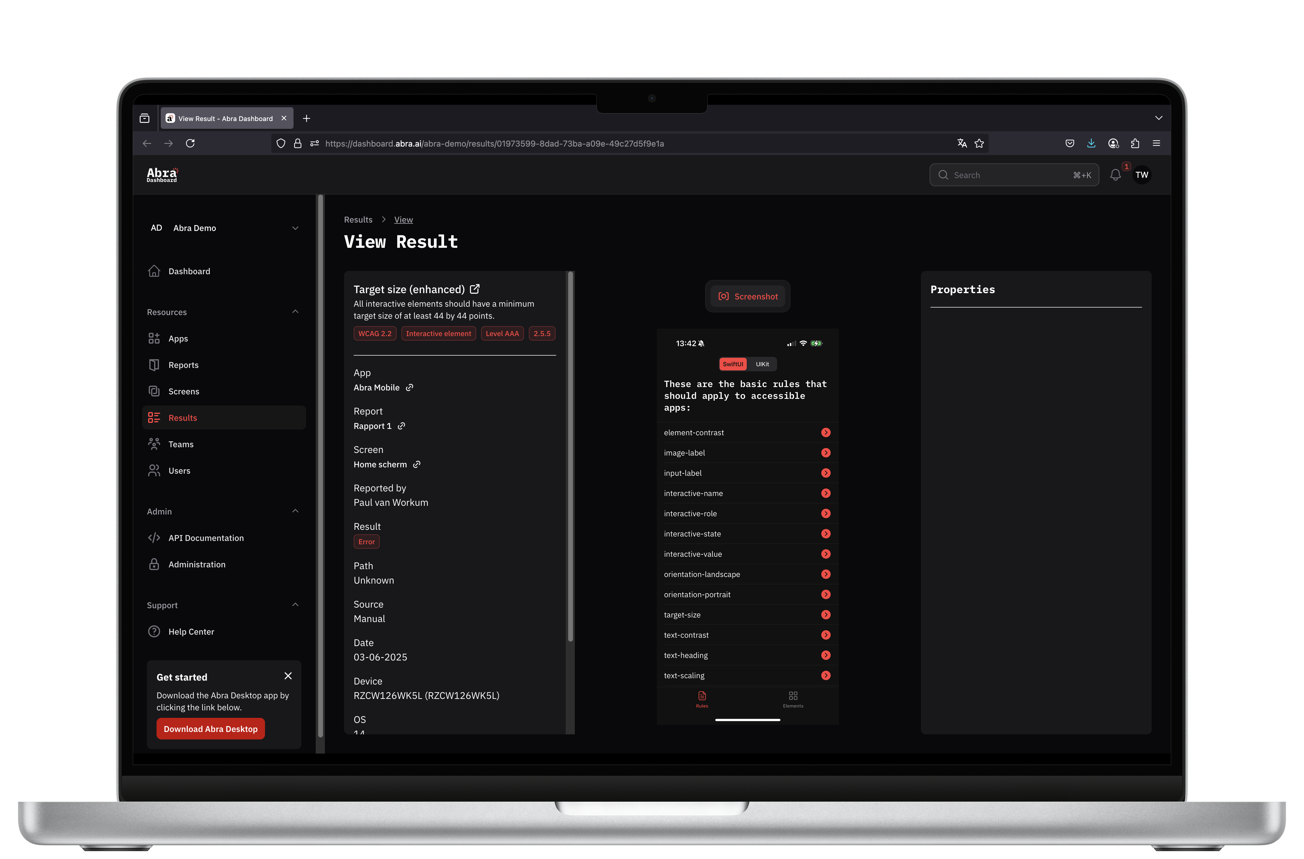 Abra Dashboard: handmatig aangemaakt resultaat bekijken.