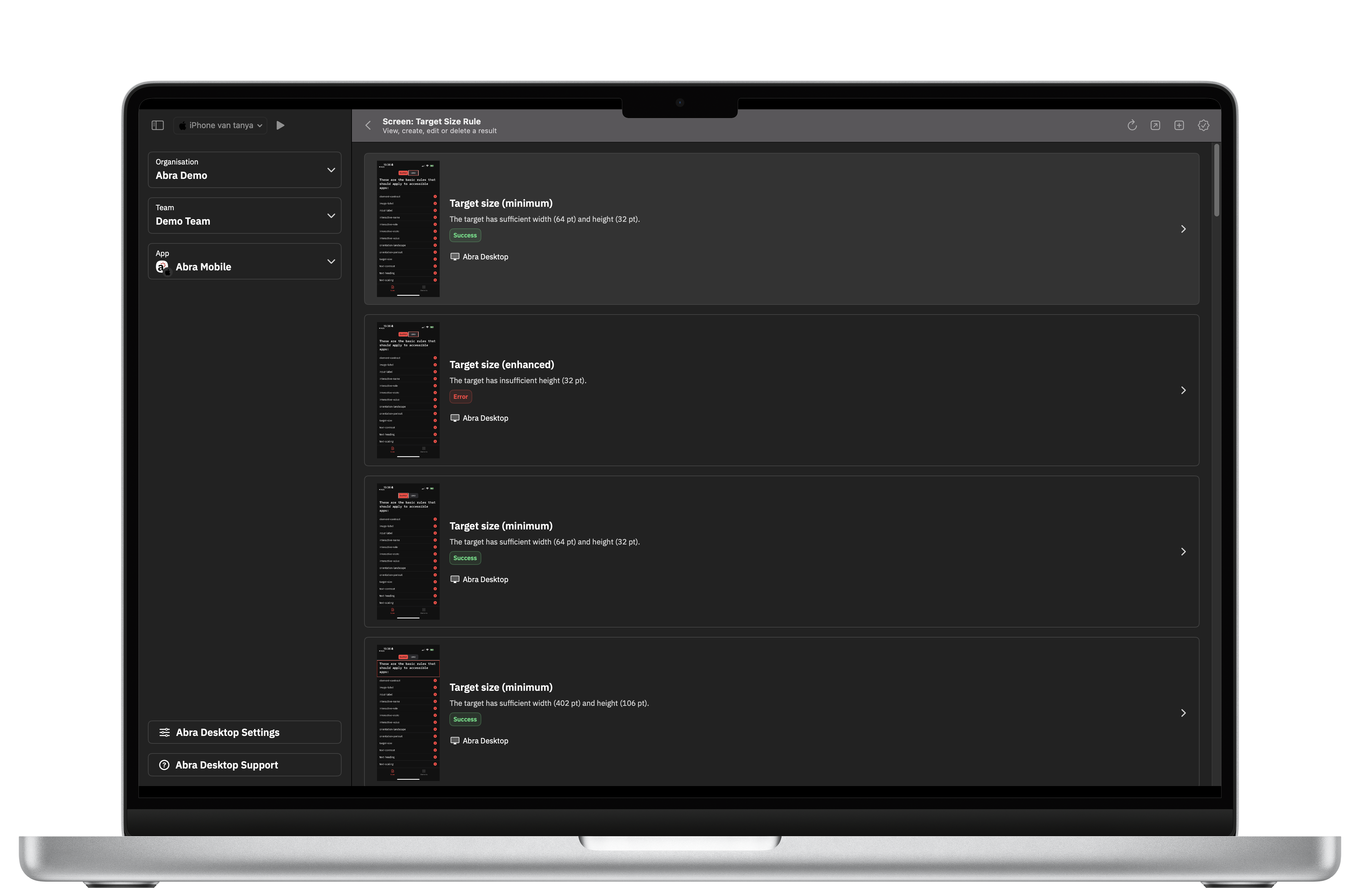 Abra Desktop met testresultaten van de Target Size rule