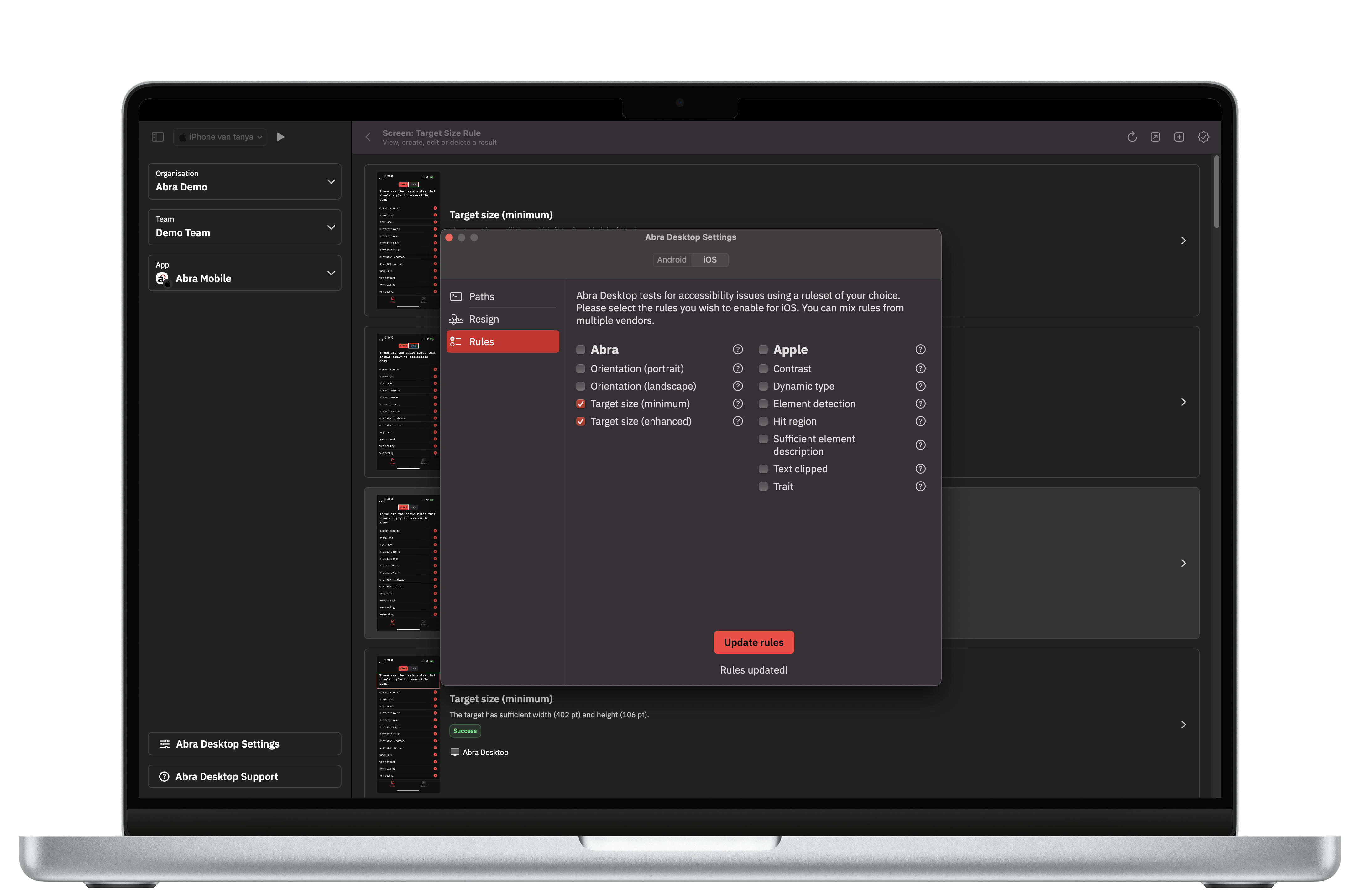 Instellingenvenster van Abra Desktop met de Abra Target Size rules geselecteerd