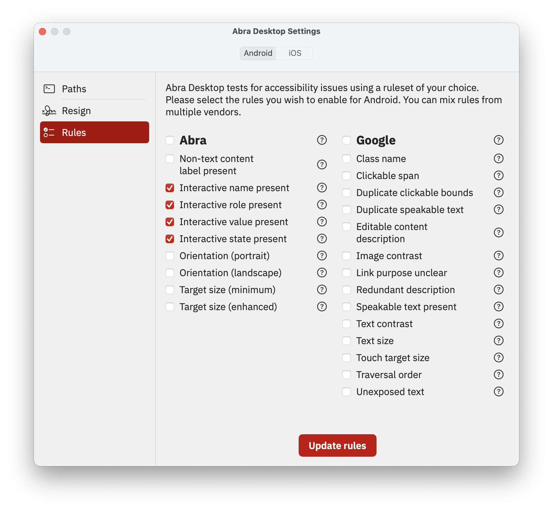 Screenshots of the Abra Desktop Settings screen. List of Abra Rules in the Settings. Interactive name, role, value and state rules are selected.
