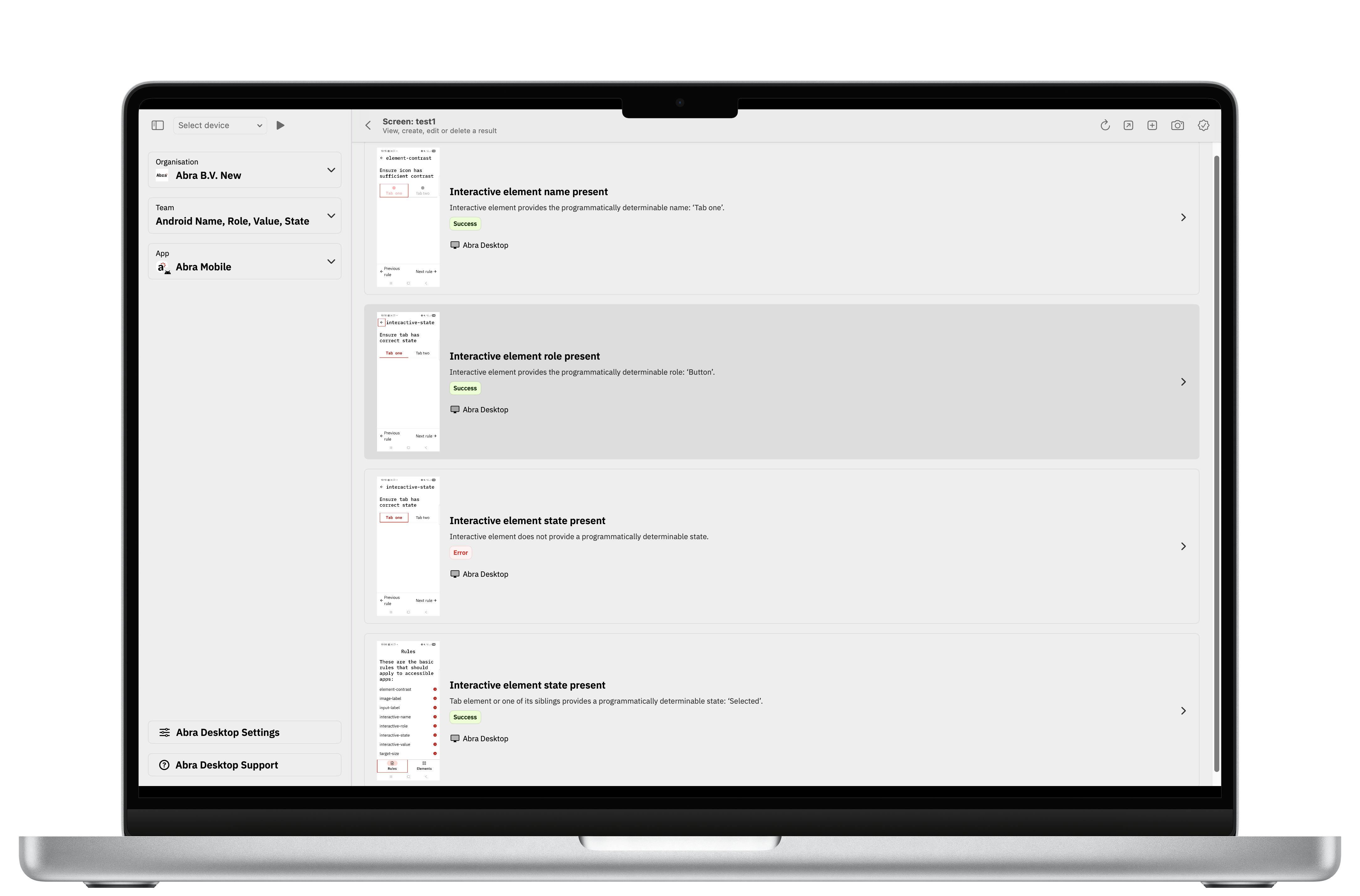 Screenshot of Abra Desktop page with the results of interactive name, role, and state automated tests.