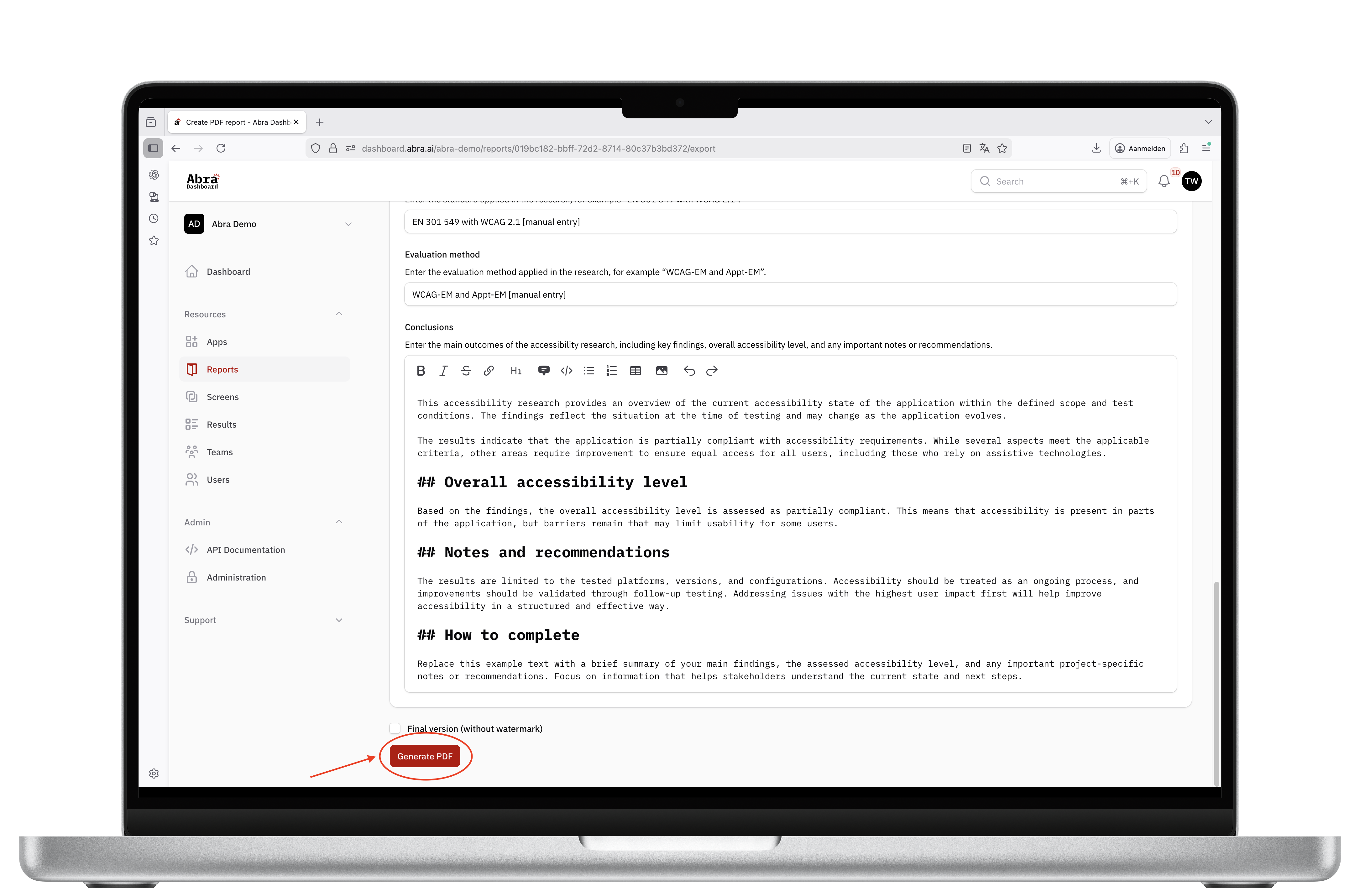Screenshot of the Abra Dashboard showing the final step of generating a PDF accessibility report. The screen displays editable sections for evaluation method and conclusions, including headings such as overall accessibility level, notes and recommendations, and instructions on how to complete the section. At the bottom of the page, the option to mark the report as a final version is shown, along with a highlighted &ldquo;Generate PDF&rdquo; button, indicating where users create the accessible PDF report.