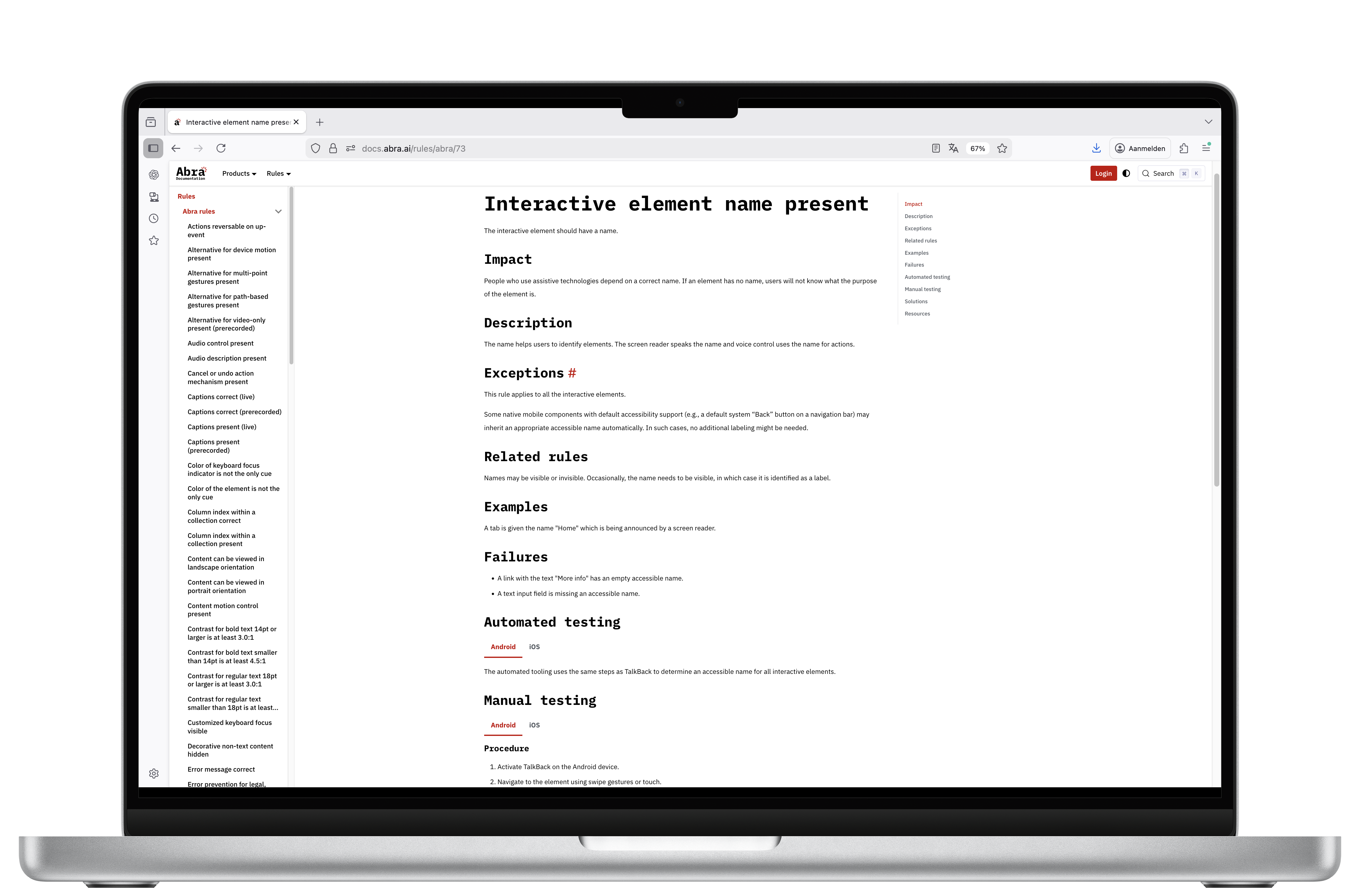 Abra Documentation page explaining the accessibility rule &ldquo;Interactive element name present,&rdquo; including impact, testing guidance, examples, and solutions.