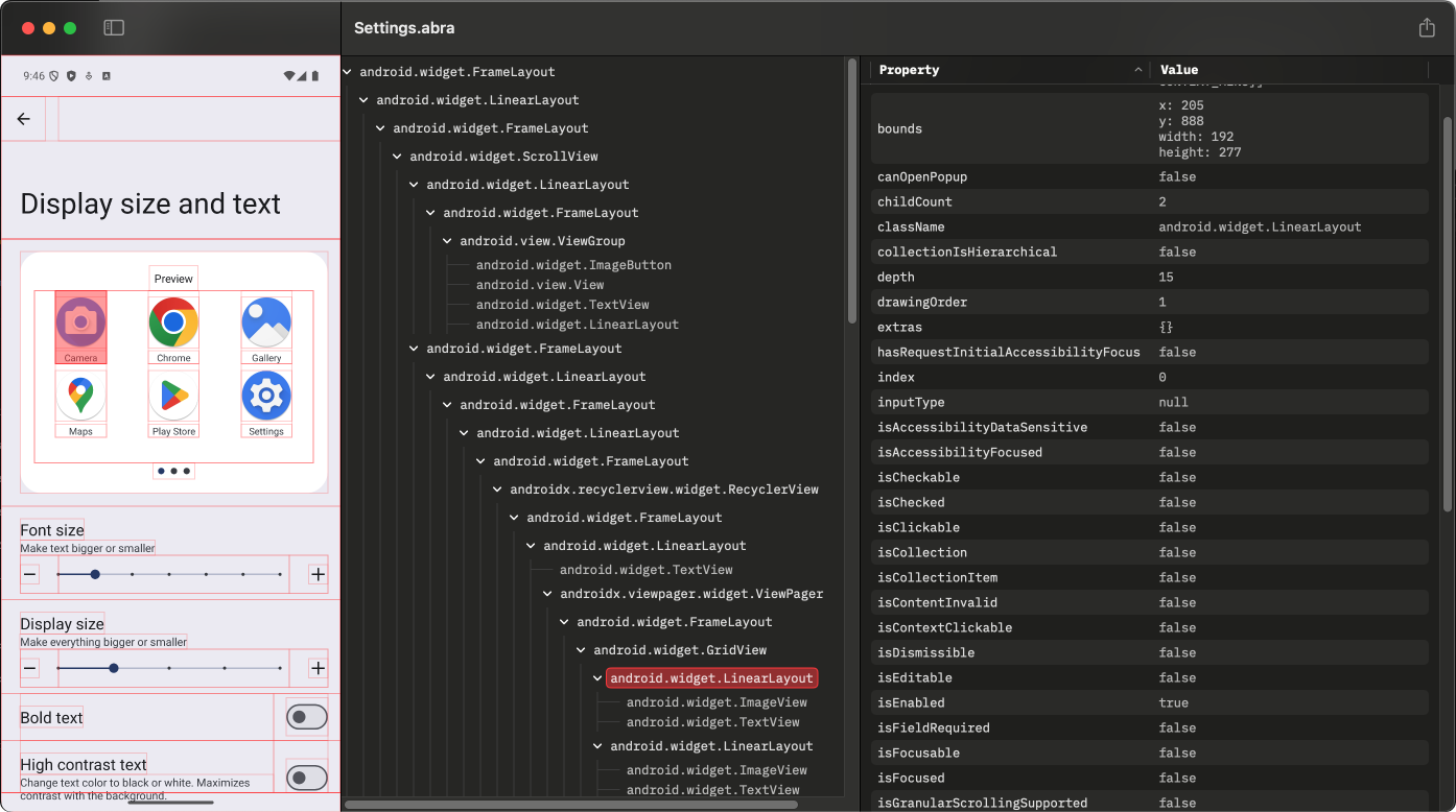 Snapshot of Android app displaying in Abra Desktop. Left panel shows the screenshot, with the bounds of elements overlayed. Middle panel shows the hierarchy as tree view. Right panel shows properties of the selected element.