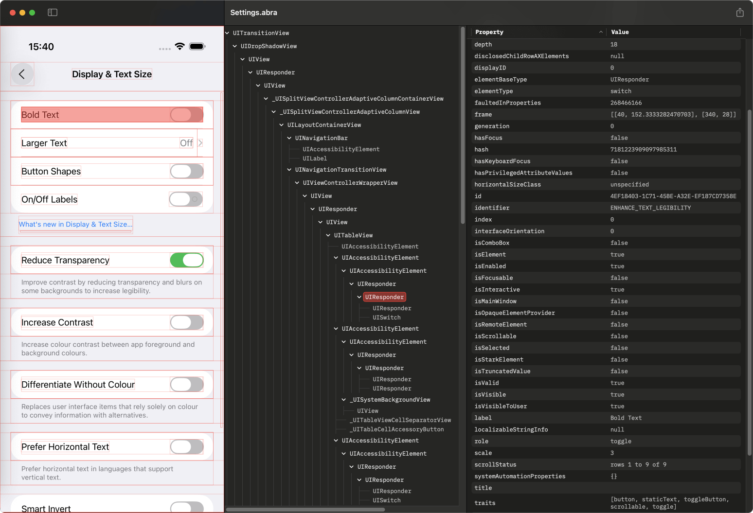 Snapshot of iOS app displaying in Abra Desktop. Left panel shows the screenshot, with the bounds of elements overlayed. Middle panel shows the hierarchy as tree view. Right panel shows properties of the selected element.